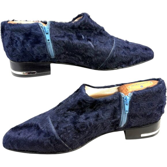 Josefina Ferroni Navy Blue Genuine Rabbit Fur Zip Flats - Picture 8 of 10